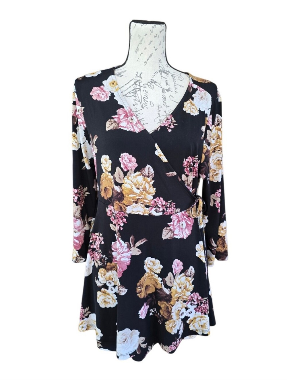 Torrid Black Floral Studio Faux Wrap Peplum 3/4 Sleeve Top 1X